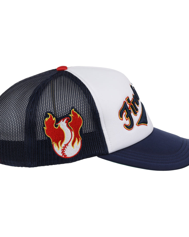 The EFF Phoenix Firebirds EFF MiLB Vintage Foam Trucker is a navy and white mesh-back hat with a flame graphic on the side and Fire on the front, inspired by classic Phoenix Firebirds caps.