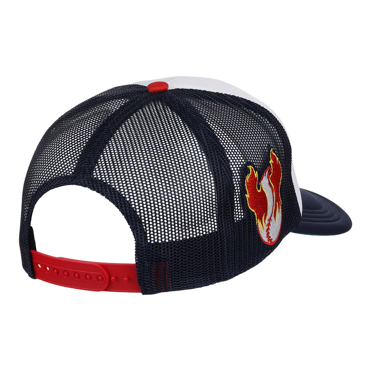 The EFF Phoenix Firebirds EFF MiLB Vintage Foam Trucker is a navy mesh trucker cap with a red snapback, white and blue front panels, and a Phoenix Firebirds patch on the side. Part of the Vintage Minor League collection.