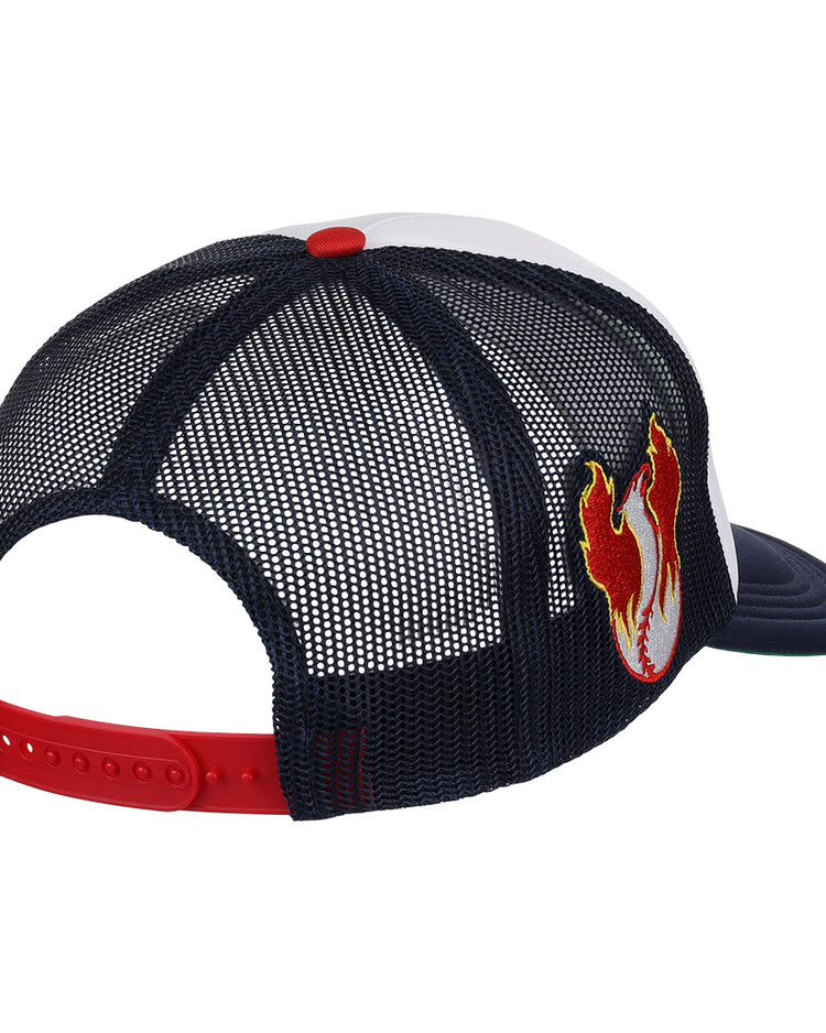The EFF Phoenix Firebirds EFF MiLB Vintage Foam Trucker is a navy mesh trucker cap with a red snapback, white and blue front panels, and a Phoenix Firebirds patch on the side. Part of the Vintage Minor League collection.