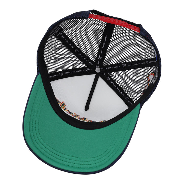The image shows the inside view of the Phoenix Firebirds EFF MiLB Vintage Foam Trucker by EFF, featuring a green brim, black mesh panels, and a black sweatband with white text. Stitching and inner tape details are also visible.