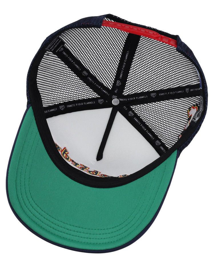 The image shows the inside view of the Phoenix Firebirds EFF MiLB Vintage Foam Trucker by EFF, featuring a green brim, black mesh panels, and a black sweatband with white text. Stitching and inner tape details are also visible.