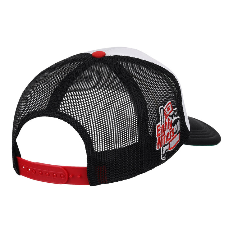 The EFF Oklahoma City 89ers MiLB Vintage Foam Trucker features a black mesh back, red adjustable strap, white front panel, red and white EARLY ANGLES side patch, and a dark brim—part of our Vintage Minor League collection.