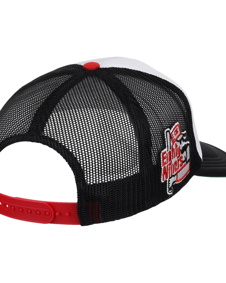 The EFF Oklahoma City 89ers MiLB Vintage Foam Trucker features a black mesh back, red adjustable strap, white front panel, red and white EARLY ANGLES side patch, and a dark brim—part of our Vintage Minor League collection.
