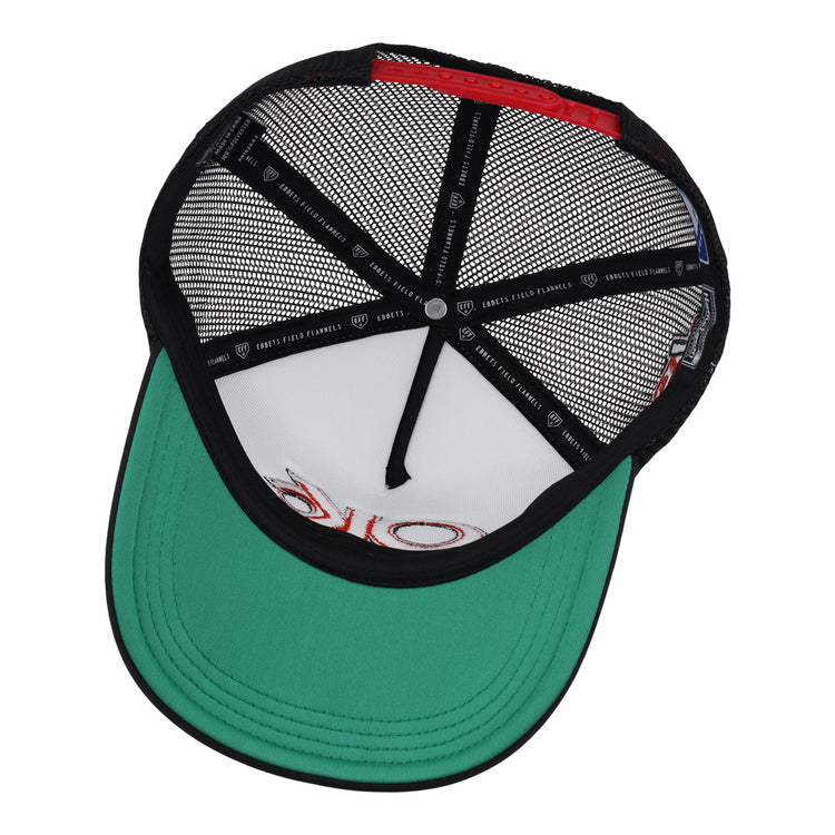 A top-down view of the inside of an Oklahoma City 89ers EFF MiLB Vintage Foam Trucker cap shows a green brim, black mesh panels, and black inner seams with white text and EFF branding visible on the white interior.