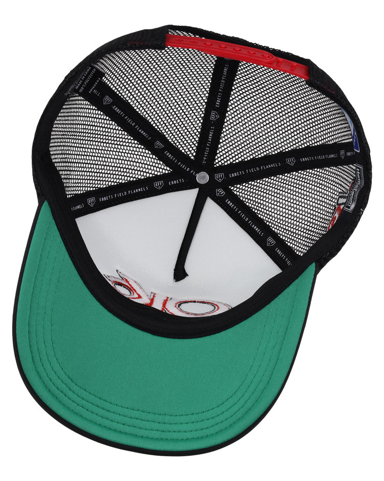 A top-down view of the inside of an Oklahoma City 89ers EFF MiLB Vintage Foam Trucker cap shows a green brim, black mesh panels, and black inner seams with white text and EFF branding visible on the white interior.
