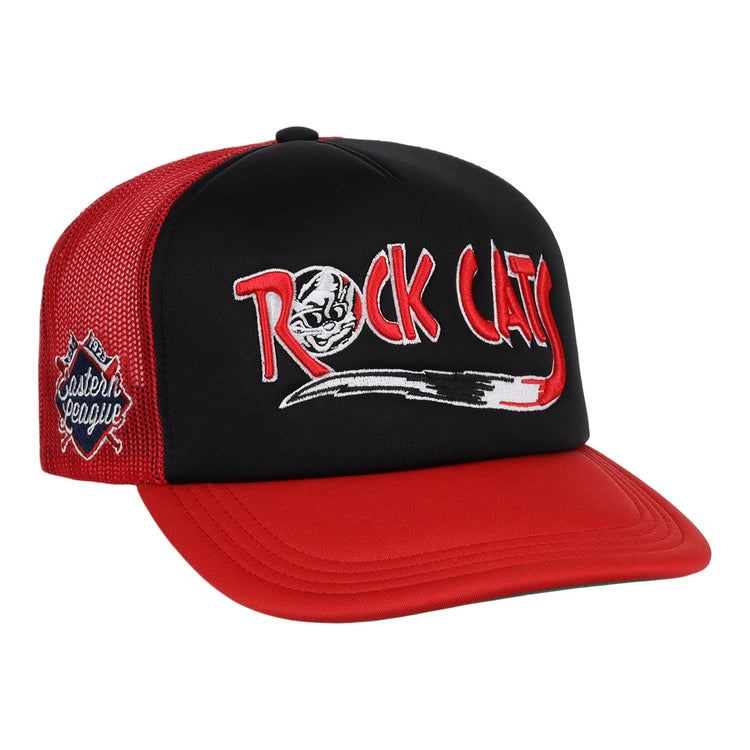 The EFF New Britain Rock Cats Vintage Foam Trucker hat features black and red mesh, an embroidered baseball logo front, and an Eastern League patch with crossed bats—ideal for any vintage Minor League collection.