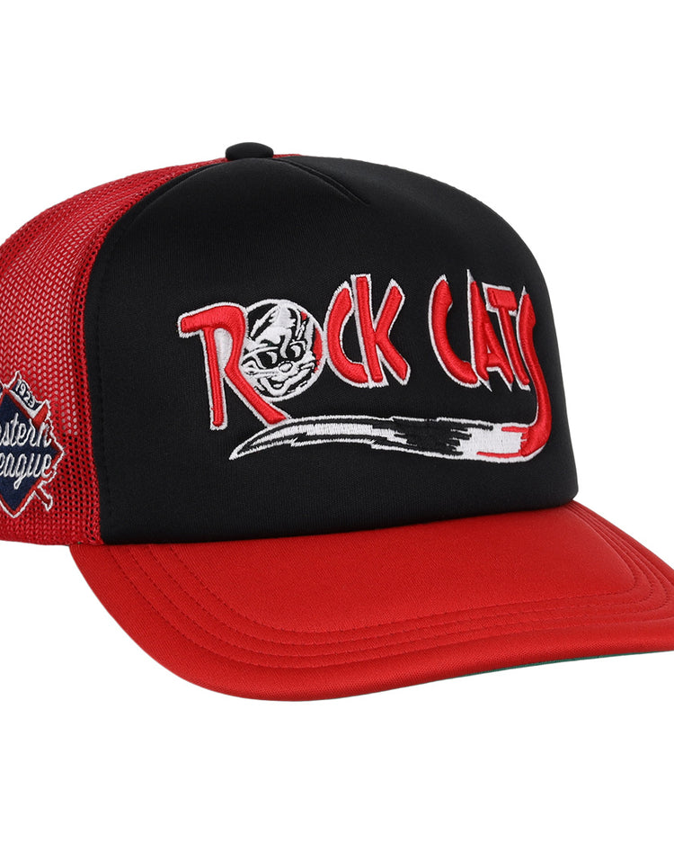 The EFF New Britain Rock Cats Vintage Foam Trucker hat features black and red mesh, an embroidered baseball logo front, and an Eastern League patch with crossed bats—ideal for any vintage Minor League collection.