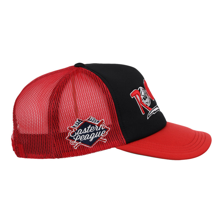 The EFF New Britain Rock Cats MiLB Vintage Foam Trucker is a red and black cap with a baseball-themed front logo, Eastern League embroidered on the side, curved brim, and mesh back for ventilation.
