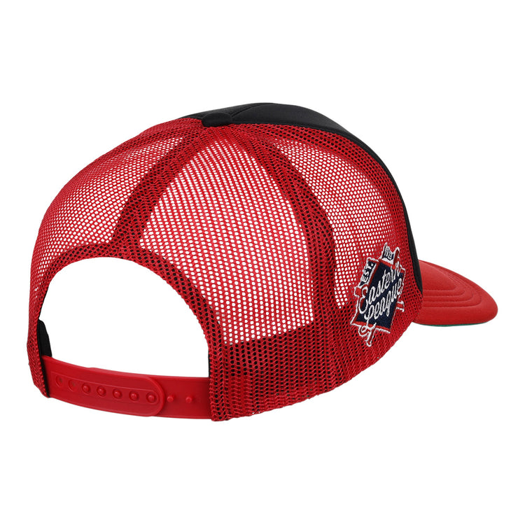 The EFF New Britain Rock Cats EFF MiLB Vintage Foam Trucker hat features a red front panel and brim, black mesh sides and back with snapback closure, and a Coastal Georgia patch. Part of the Vintage Minor League collection.