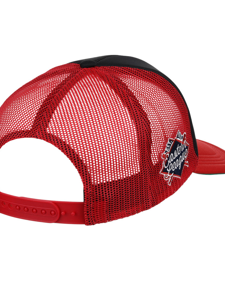 The EFF New Britain Rock Cats EFF MiLB Vintage Foam Trucker hat features a red front panel and brim, black mesh sides and back with snapback closure, and a Coastal Georgia patch. Part of the Vintage Minor League collection.