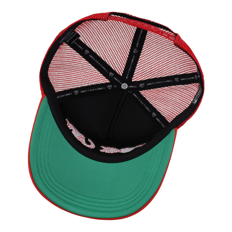 The underside of the New Britain Rock Cats EFF MiLB Vintage Foam Trucker by EFF features a green brim, black inner lining, red mesh panels, and black straps with white text inside the crown.