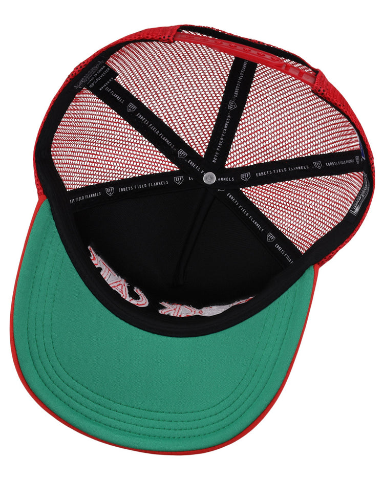 The underside of the New Britain Rock Cats EFF MiLB Vintage Foam Trucker by EFF features a green brim, black inner lining, red mesh panels, and black straps with white text inside the crown.