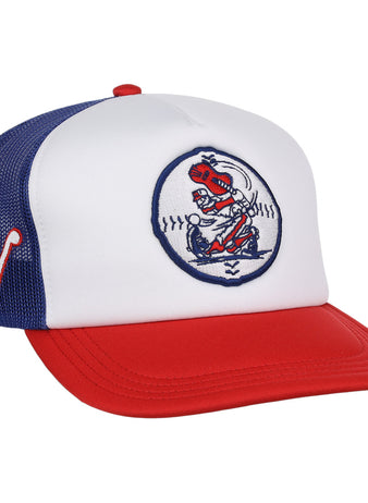 A Nashville Sounds EFF MiLB Vintage Foam Trucker cap by EFF, featuring white, red, and blue mesh panels, chain-stitched embroidery of a cartoon baseball character on the front, and a stylized white N on the blue side panel.