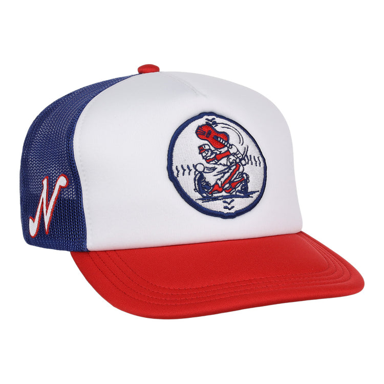 A Nashville Sounds EFF MiLB Vintage Foam Trucker cap by EFF, featuring white, red, and blue mesh panels, chain-stitched embroidery of a cartoon baseball character on the front, and a stylized white N on the blue side panel.