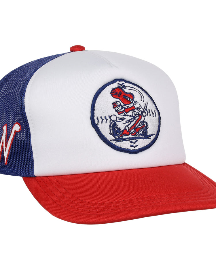 A Nashville Sounds EFF MiLB Vintage Foam Trucker cap by EFF, featuring white, red, and blue mesh panels, chain-stitched embroidery of a cartoon baseball character on the front, and a stylized white N on the blue side panel.