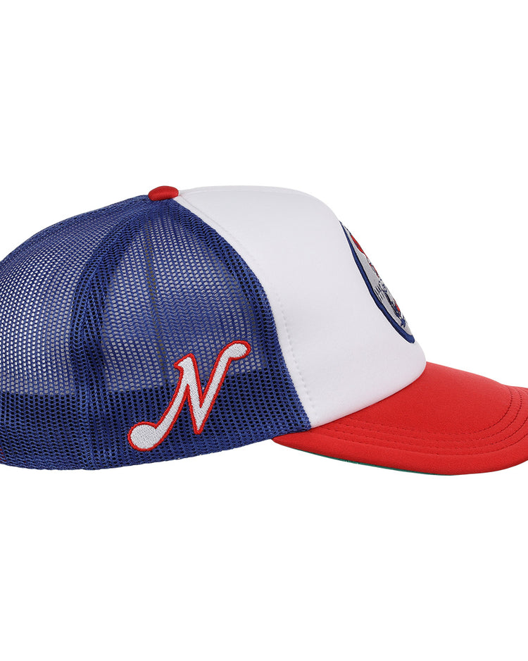The Nashville Sounds EFF MiLB Vintage Foam Trucker by EFF is a blue mesh hat with a white front panel, red curved brim, embroidered red N with swoosh, and a colorful Vintage Minor League-inspired patch on the front.