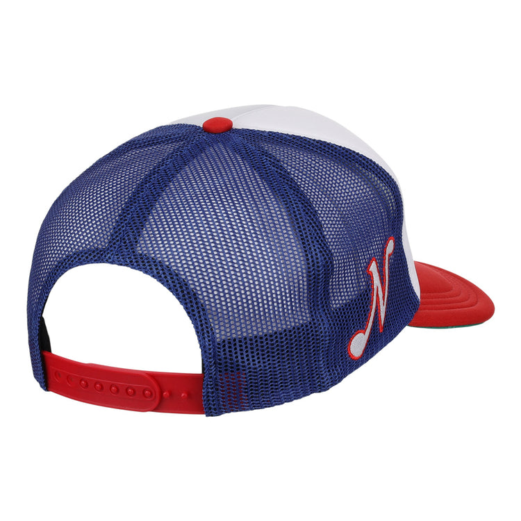 The EFF Nashville Sounds EFF MiLB Vintage Foam Trucker is a blue mesh cap with a white front panel, red curved brim, red adjustable snapback, and a chain-stitched red M logo on the side.