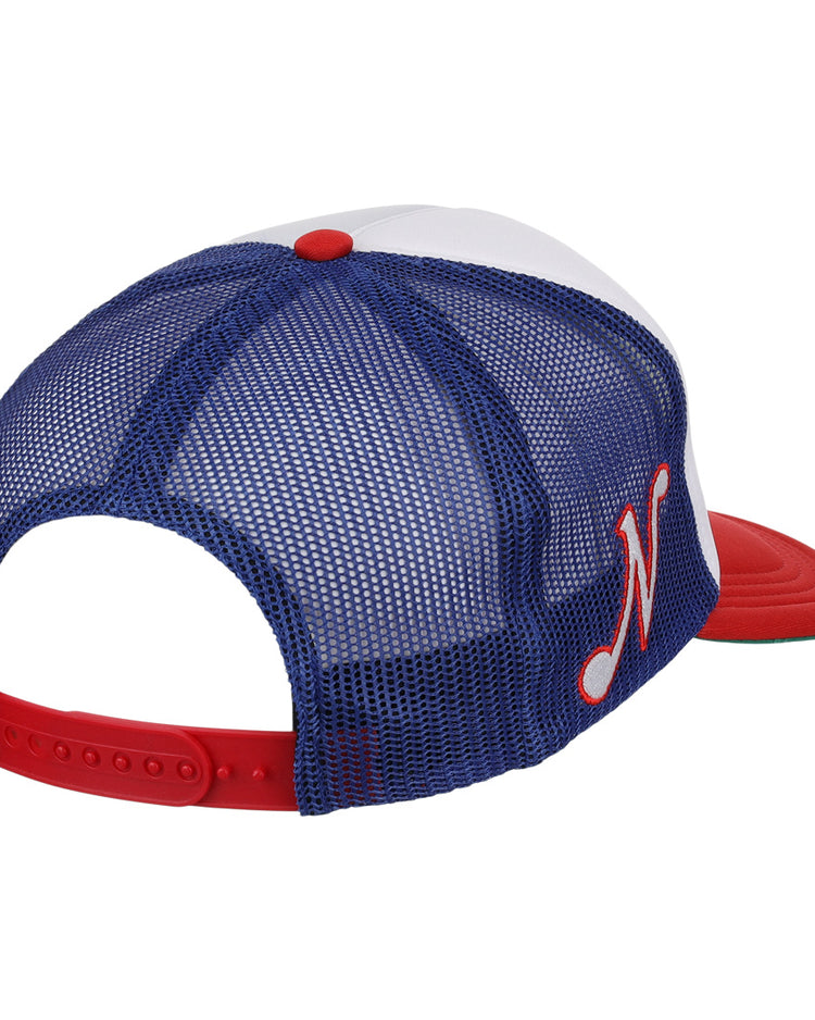 The EFF Nashville Sounds EFF MiLB Vintage Foam Trucker is a blue mesh cap with a white front panel, red curved brim, red adjustable snapback, and a chain-stitched red M logo on the side.
