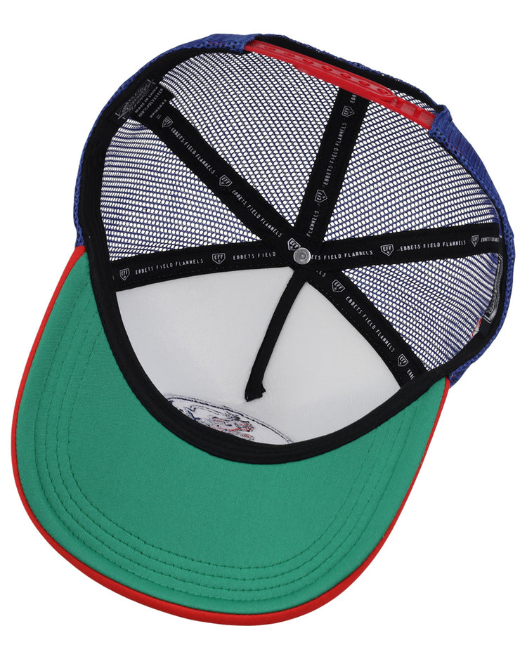 A top-down view of the inside of an EFF Nashville Sounds MiLB Vintage Foam Trucker cap, featuring a green brim, red trim, blue mesh sides, black sweatband with white logos and text, and chain-stitched embroidery.