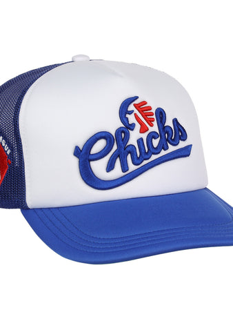The EFF Memphis Chicks MiLB Vintage Foam Trucker hat features a white front, blue mesh sides with a Southern League Memphis Chicks patch, Chicks in blue script, and a baseball with red feather detail above the text.