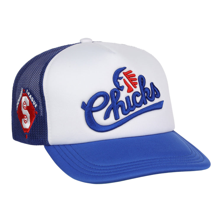 The EFF Memphis Chicks MiLB Vintage Foam Trucker hat features a white front, blue mesh sides with a Southern League Memphis Chicks patch, Chicks in blue script, and a baseball with red feather detail above the text.