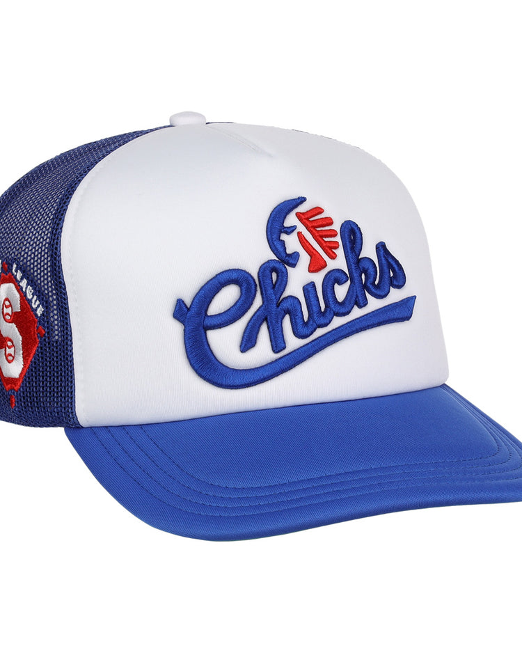 The EFF Memphis Chicks MiLB Vintage Foam Trucker hat features a white front, blue mesh sides with a Southern League Memphis Chicks patch, Chicks in blue script, and a baseball with red feather detail above the text.
