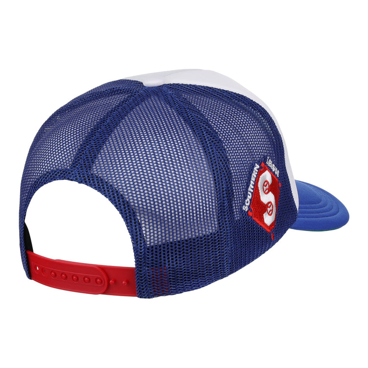 The Memphis Chicks EFF MiLB Vintage Foam Trucker by EFF features blue and white mesh, a red adjustable snapback, and a Southern Lure patch on the side. Shown from back and side angles; inspired by the Vintage Minor League collection.