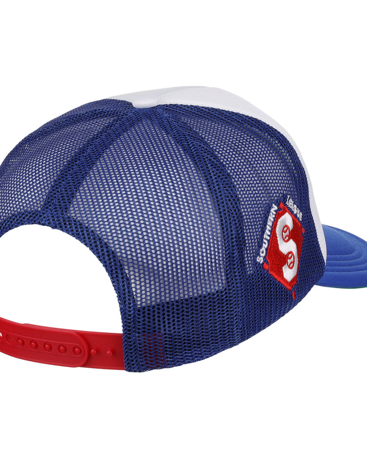 The Memphis Chicks EFF MiLB Vintage Foam Trucker by EFF features blue and white mesh, a red adjustable snapback, and a Southern Lure patch on the side. Shown from back and side angles; inspired by the Vintage Minor League collection.