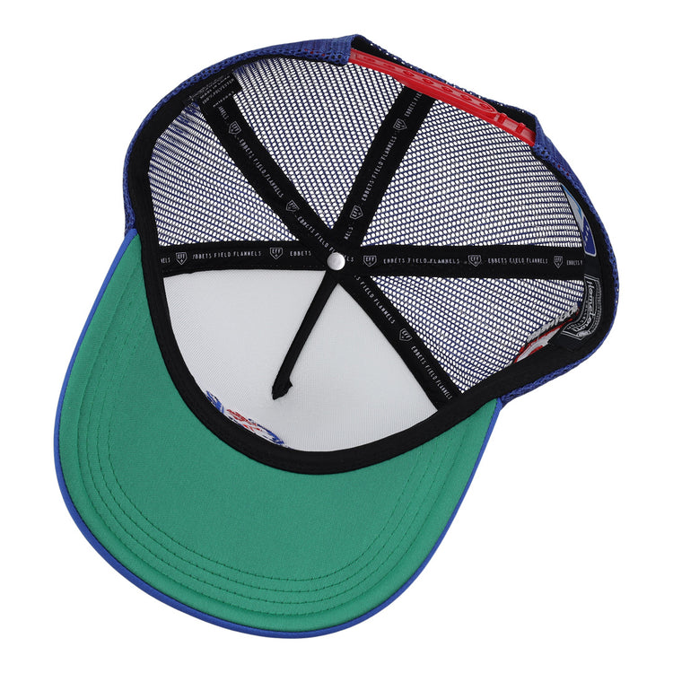 A top-down view of the Memphis Chicks EFF MiLB Vintage Foam Trucker by EFF, showing a green brim, black lining, white mesh panels, and blue fabric edging.
