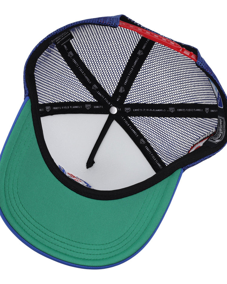 A top-down view of the Memphis Chicks EFF MiLB Vintage Foam Trucker by EFF, showing a green brim, black lining, white mesh panels, and blue fabric edging.