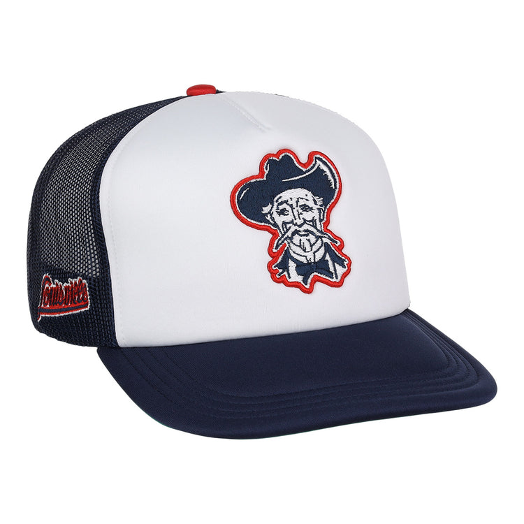 The EFF Louisville Colonels EFF MiLB Vintage Foam Trucker is a white and navy snapback hat with mesh back, red embroidered cowboy logo on the front, red script text on the side, inspired by the Vintage Minor League collection.