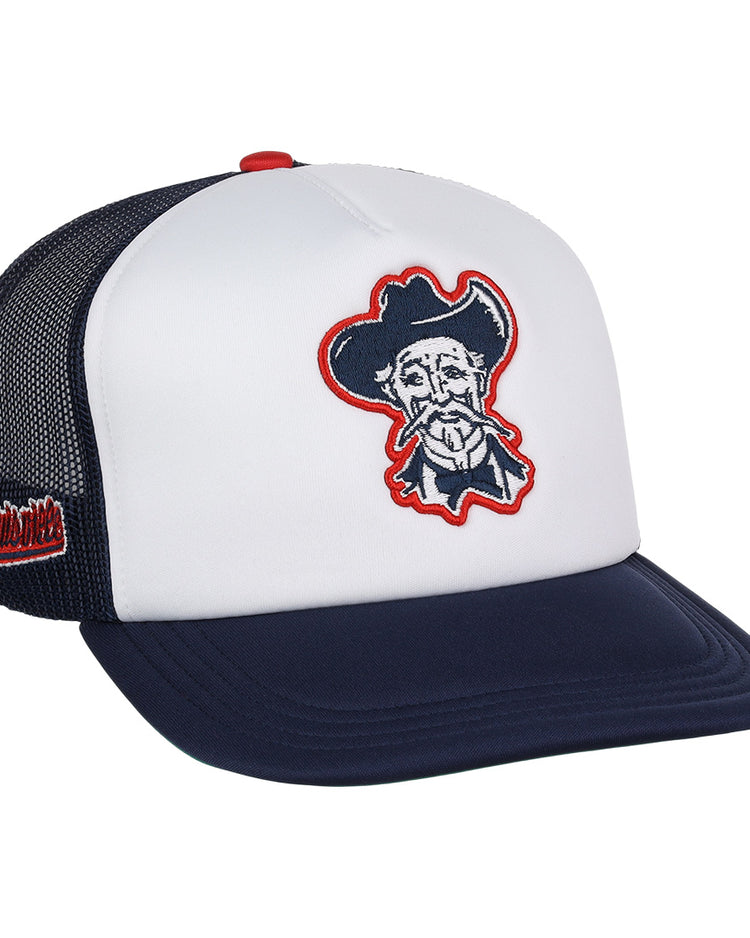 The EFF Louisville Colonels EFF MiLB Vintage Foam Trucker is a white and navy snapback hat with mesh back, red embroidered cowboy logo on the front, red script text on the side, inspired by the Vintage Minor League collection.