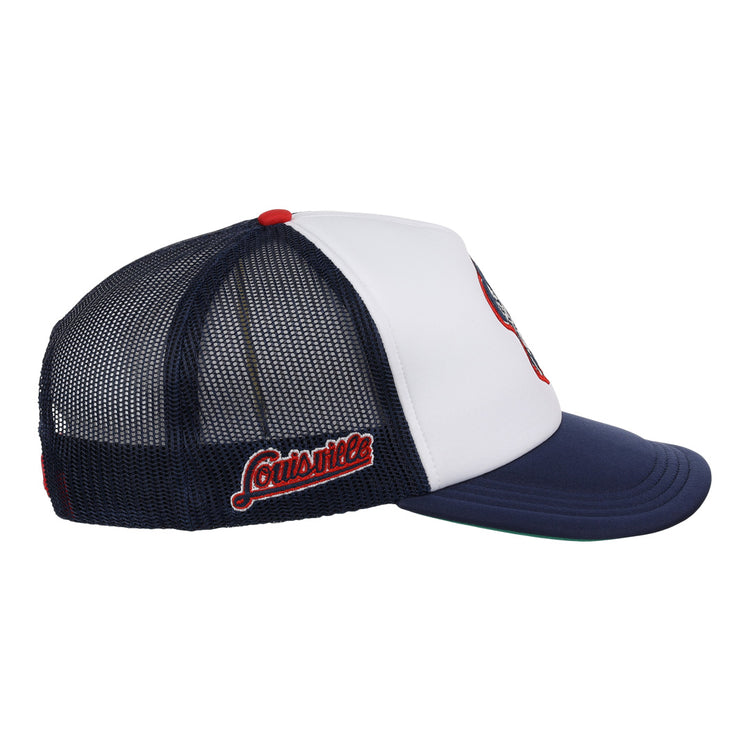 The EFF Louisville Colonels MiLB Vintage Foam Trucker is a navy blue and white mesh cap with an embroidered Colonels logo on the side and a curved brim, shown on a white background.