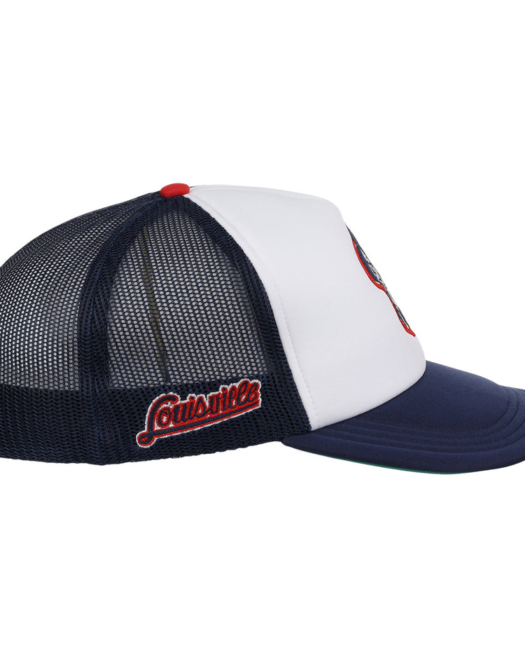 The EFF Louisville Colonels MiLB Vintage Foam Trucker is a navy blue and white mesh cap with an embroidered Colonels logo on the side and a curved brim, shown on a white background.