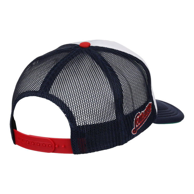 The Louisville Colonels EFF MiLB Vintage Foam Trucker by EFF features a navy and white mesh-back design, red snapback closure, red button top, and “Louisville” embroidered on the side in red and white.