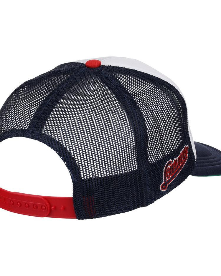 The Louisville Colonels EFF MiLB Vintage Foam Trucker by EFF features a navy and white mesh-back design, red snapback closure, red button top, and “Louisville” embroidered on the side in red and white.