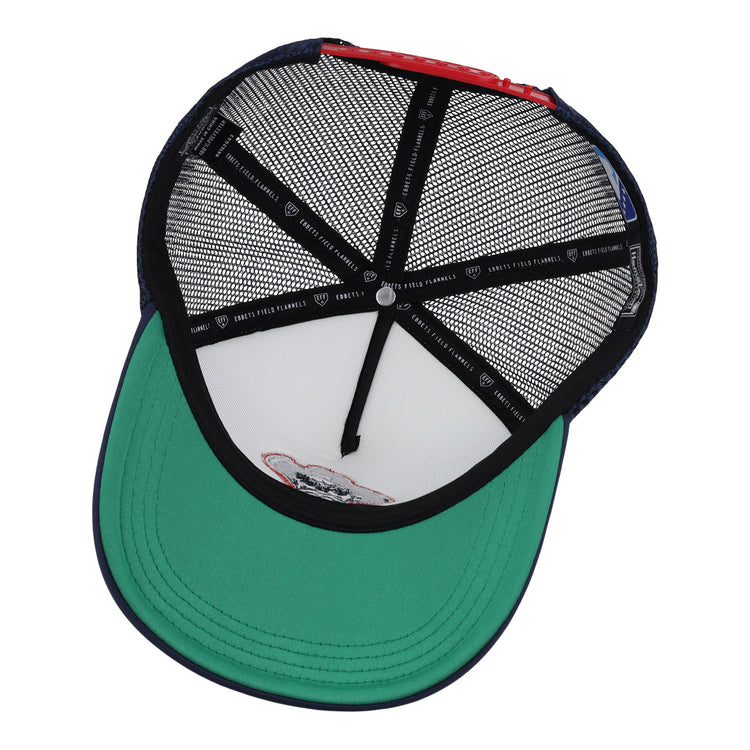 The image displays the interior of the EFF Louisville Colonels MiLB Vintage Foam Trucker, featuring a green brim, black mesh lining, white inner top, branded interior band with a red accent, and Vintage Minor League collection style.