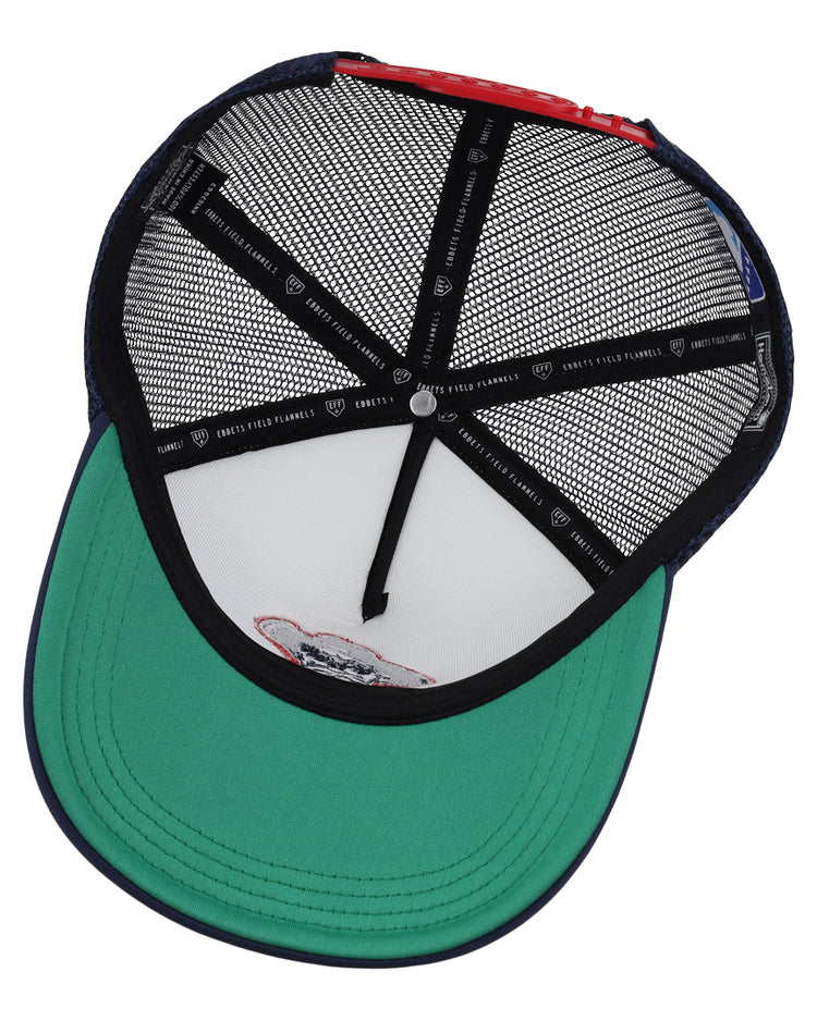 The image displays the interior of the EFF Louisville Colonels MiLB Vintage Foam Trucker, featuring a green brim, black mesh lining, white inner top, branded interior band with a red accent, and Vintage Minor League collection style.