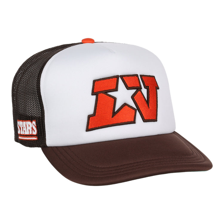 The EFF Las Vegas Stars EFF MiLB Vintage Foam Trucker hat features a white front, brown bill, black mesh back, bold red LV letters for the Las Vegas Stars, and a white-over-red STARS side patch.