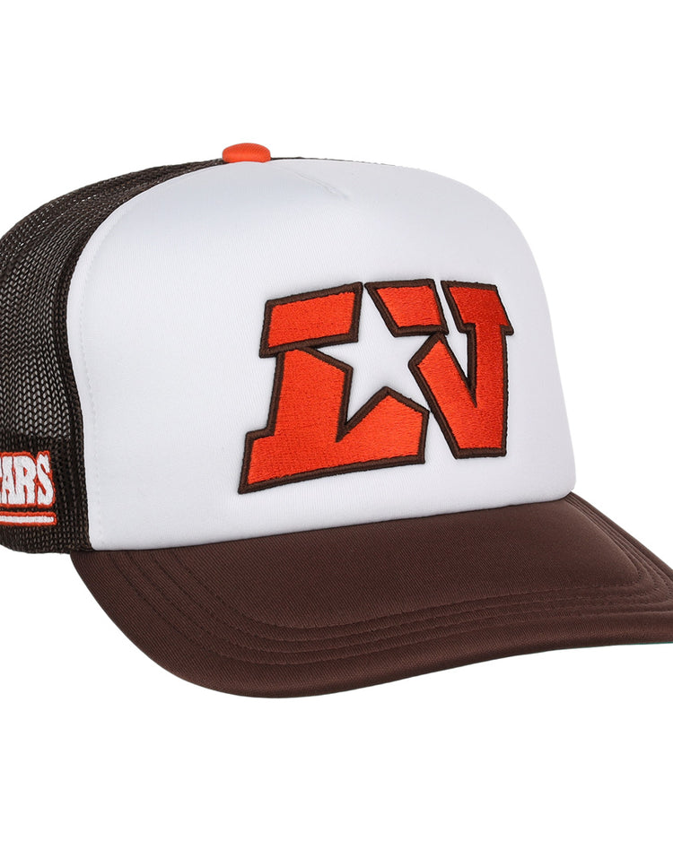The EFF Las Vegas Stars EFF MiLB Vintage Foam Trucker hat features a white front, brown bill, black mesh back, bold red LV letters for the Las Vegas Stars, and a white-over-red STARS side patch.