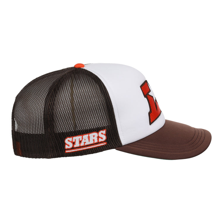 The EFF Las Vegas Stars EFF MiLB Vintage Foam Trucker is a brown and white snapback hat with a mesh back, STARS embroidered in white and orange on the side, and a large red and white letter on the front in vintage Minor League style.