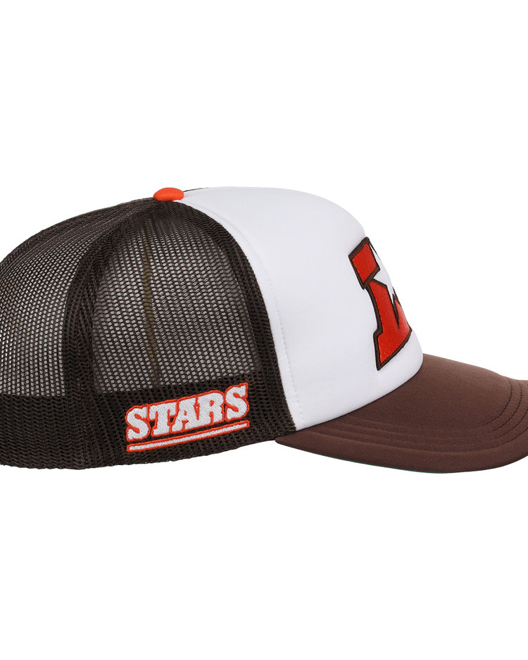 The EFF Las Vegas Stars EFF MiLB Vintage Foam Trucker is a brown and white snapback hat with a mesh back, STARS embroidered in white and orange on the side, and a large red and white letter on the front in vintage Minor League style.
