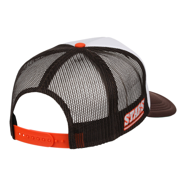 The EFF Las Vegas Stars EFF MiLB Vintage Foam Trucker features a white front, brown bill, brown mesh panels, an orange snap closure, and STAGS in orange and white on the left side for a vintage Minor League look.