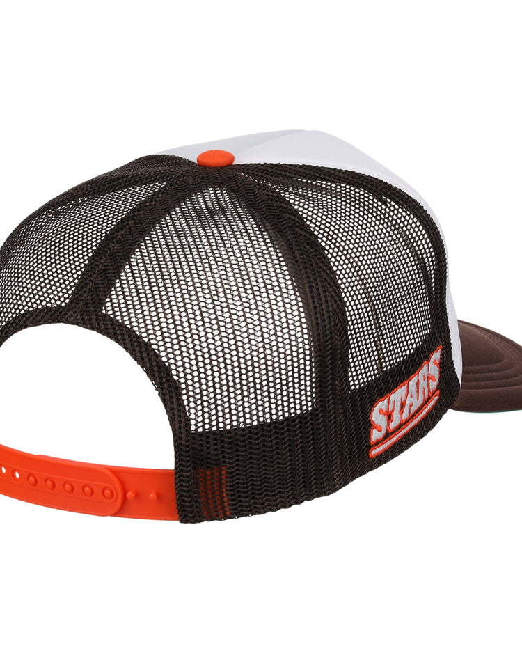 The EFF Las Vegas Stars EFF MiLB Vintage Foam Trucker features a white front, brown bill, brown mesh panels, an orange snap closure, and STAGS in orange and white on the left side for a vintage Minor League look.