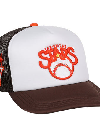 The EFF Las Vegas Stars EFF MiLB Vintage Foam Trucker - Logo is a white and brown retro baseball hat with LAS VEGAS STARS and a baseball embroidered in orange and red on the front, plus LV with a star on the mesh side panel.