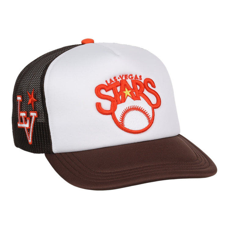 The EFF Las Vegas Stars EFF MiLB Vintage Foam Trucker - Logo is a white and brown retro baseball hat with LAS VEGAS STARS and a baseball embroidered in orange and red on the front, plus LV with a star on the mesh side panel.