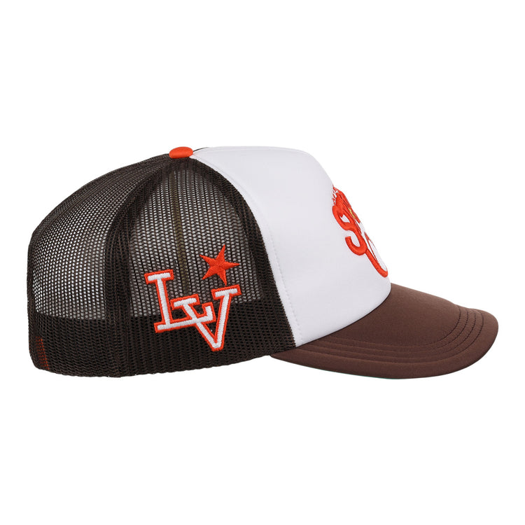 The Las Vegas Stars EFF MiLB Vintage Foam Trucker by EFF features a brown mesh back, white front, red embroidered logo with a star, and retro design inspired by the Las Vegas Stars—perfect for any Vintage Minor League collection.