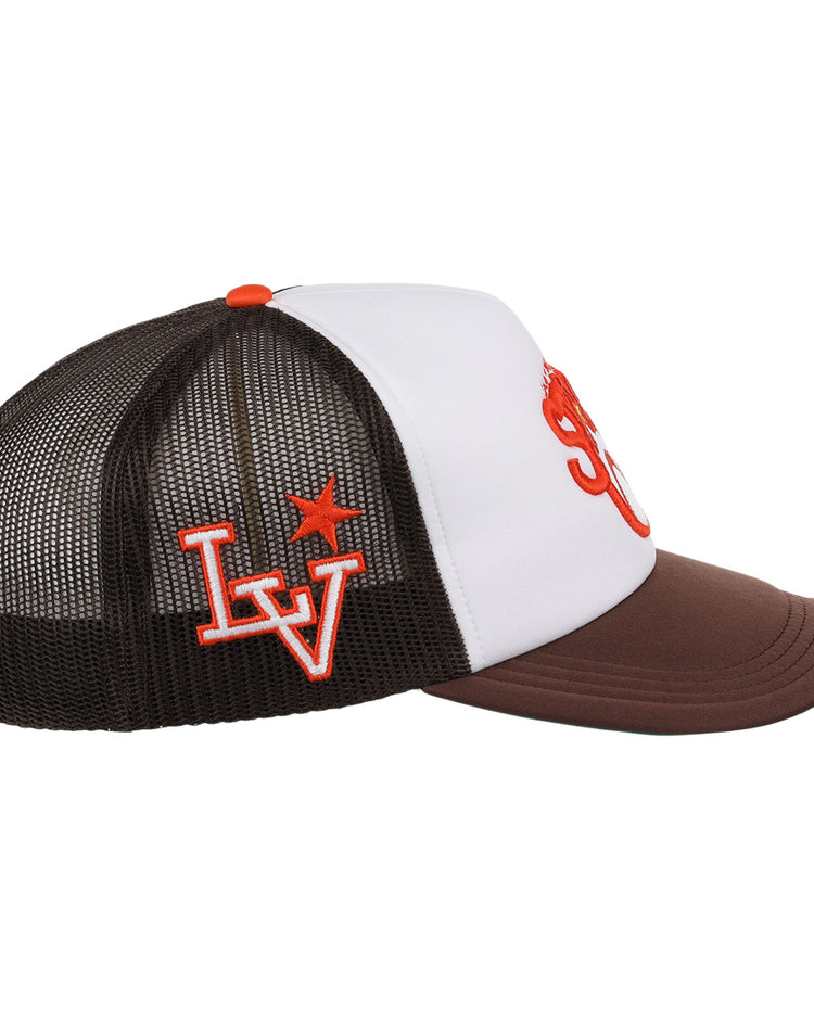 The Las Vegas Stars EFF MiLB Vintage Foam Trucker by EFF features a brown mesh back, white front, red embroidered logo with a star, and retro design inspired by the Las Vegas Stars—perfect for any Vintage Minor League collection.
