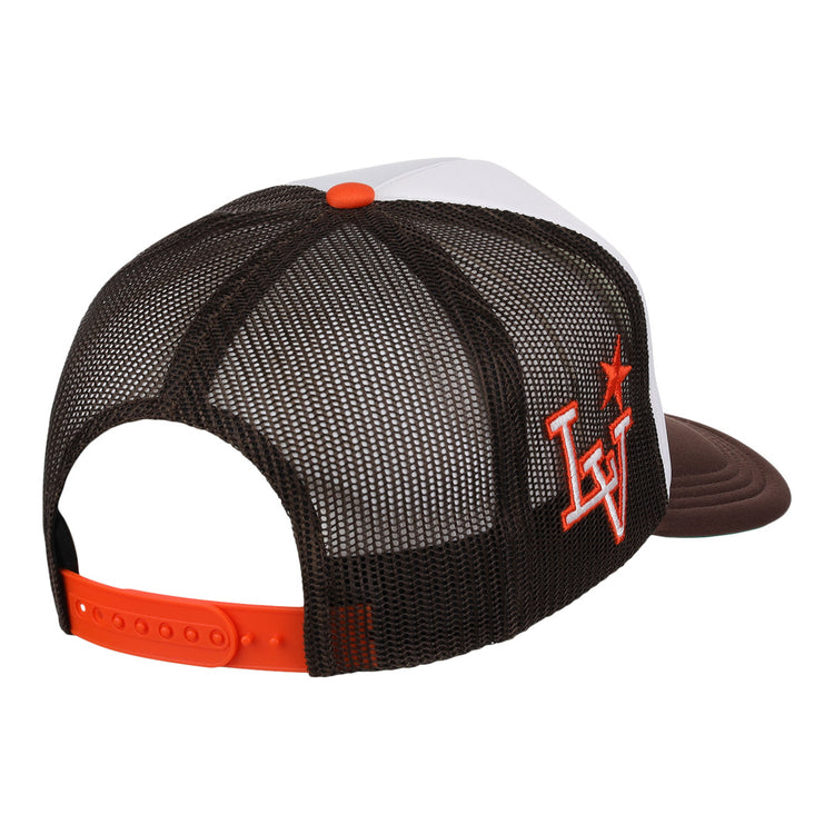 The EFF Las Vegas Stars Vintage Foam Trucker Hat features a mesh back, brown brim, white front panel, orange adjustable strap, and an orange LV logo with a star—part of our Retro baseball hat series from the Vintage Minor League collection.