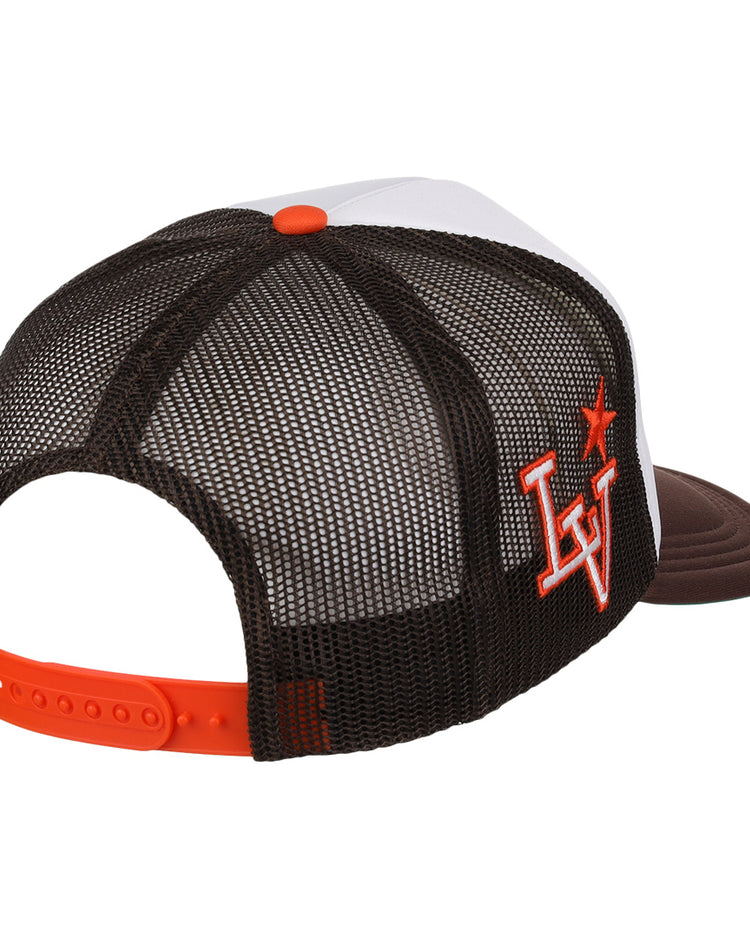The EFF Las Vegas Stars Vintage Foam Trucker Hat features a mesh back, brown brim, white front panel, orange adjustable strap, and an orange LV logo with a star—part of our Retro baseball hat series from the Vintage Minor League collection.